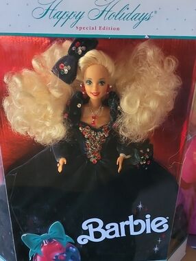 Barbie Blonde Hair in Black Holiday Gown with Jewel Accents